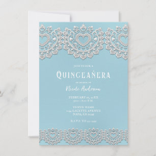 Turquoise Blue White Lace Heart Quinceañera Party Invitation