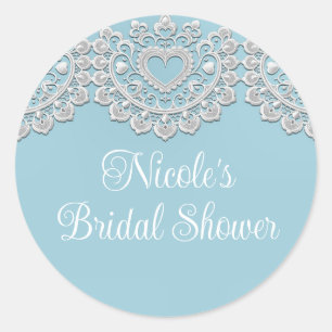 Turquoise Blue White Lace Heart Wedding Bridal Classic Round Sticker