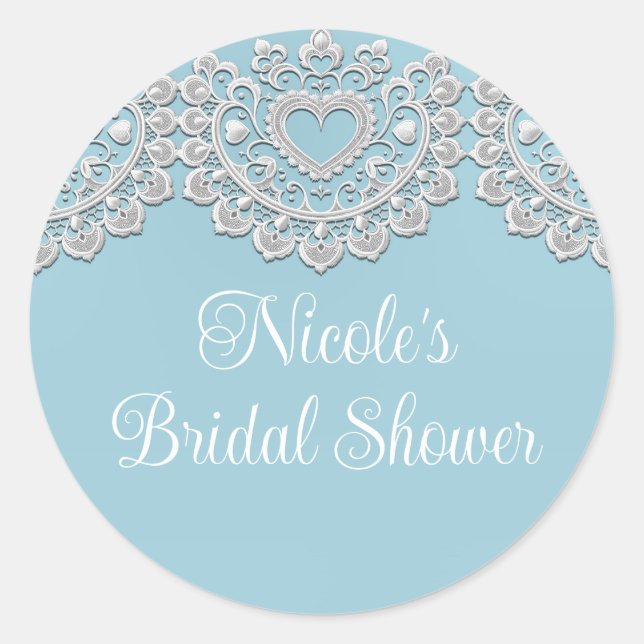 Turquoise Blue White Lace Heart Wedding Bridal Classic Round Sticker (Front)