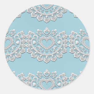 Turquoise Blue White Lace Heart Wedding Bridal Classic Round Sticker
