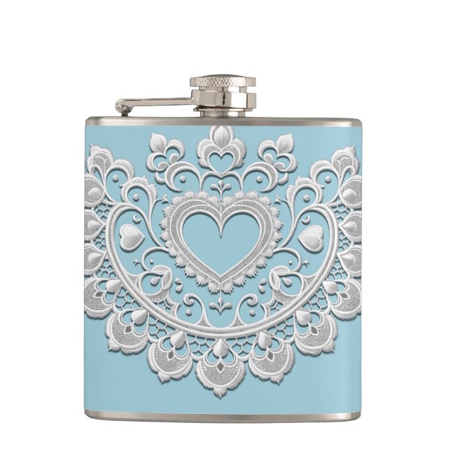 Turquoise Blue White Lace Heart Wedding Bridal Hip Flask (Front)