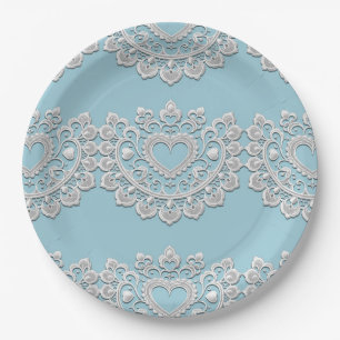 Turquoise Blue White Lace Heart Wedding Bridal Paper Plate