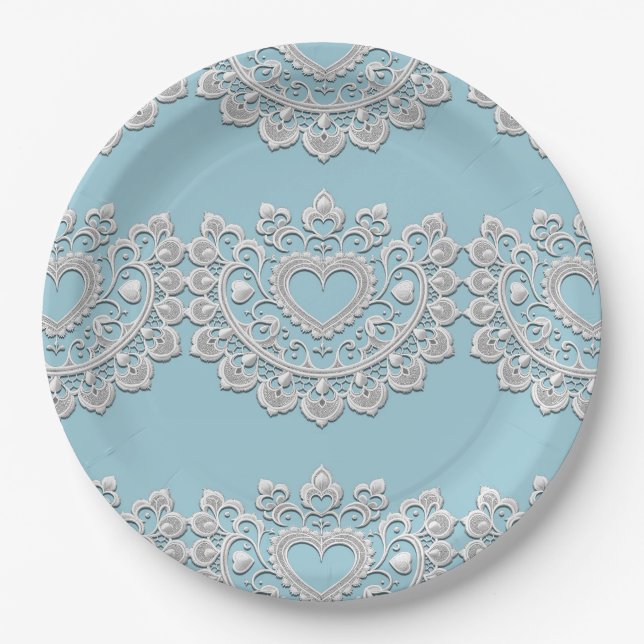 Turquoise Blue White Lace Heart Wedding Bridal Paper Plate (Front)