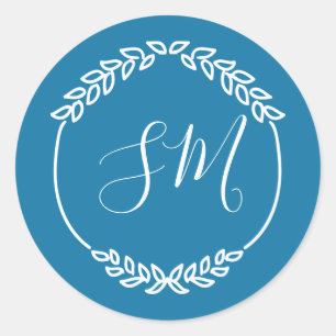 Turquoise Blue White Leaf Wreath Monogram Wedding Classic Round Sticker