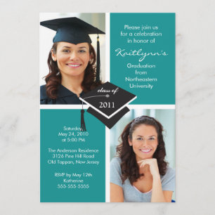Turquoise Blue & White Photo Graduation Invitation