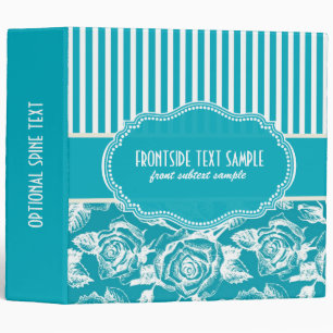 Turquoise-Blue & White Roses & Stripes Pattern Binder