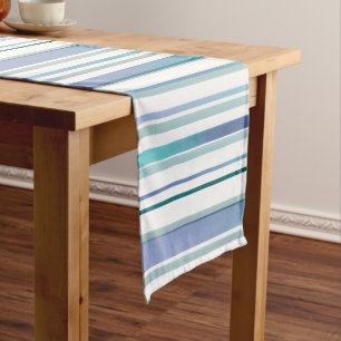 Turquoise Blue White Watercolor Stripes Medium Table Runner