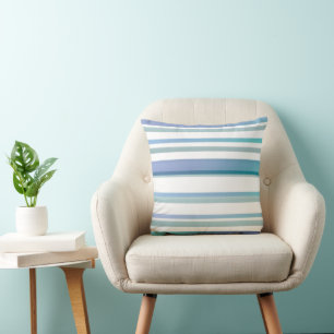 Turquoise Blue White Watercolor Stripes Throw Pillow