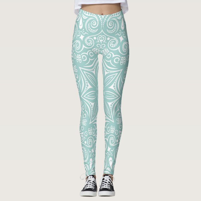 Turquoise Blue & White Whimsical Pattern Leggings (Front)