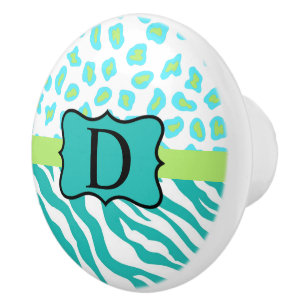Turquoise Blue White Zebra Leopard Skin Monogram Ceramic Knob