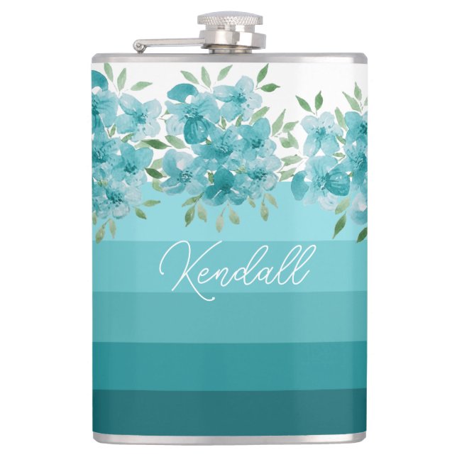 Turquoise Blue Wildflowers Watercolor Art Hip Flask (Front)