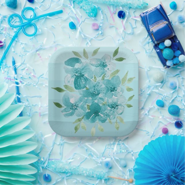 Turquoise Blue Wildflowers Watercolor Paper Plate (Party)
