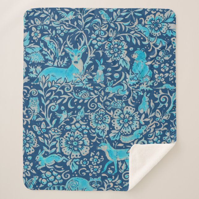 Turquoise & Blue Woodland Animal Tapestry Pattern Sherpa Blanket (Front)