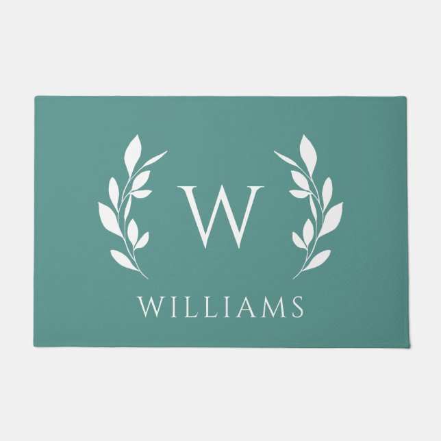 Turquoise Blue Wreath Initial Monogram Last Name Doormat (Front)