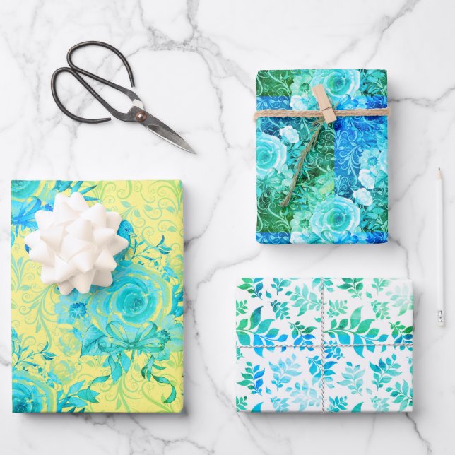 Turquoise Blues with Yellow and White, Floral Wrapping Paper Sheet (Front)