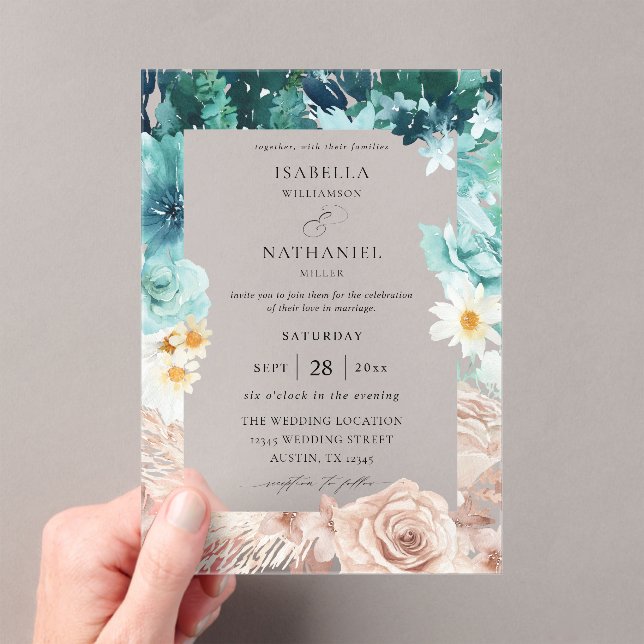Turquoise & Blush Pink Floral Wedding 2  Acrylic Invitations (Insitu (Handheld))
