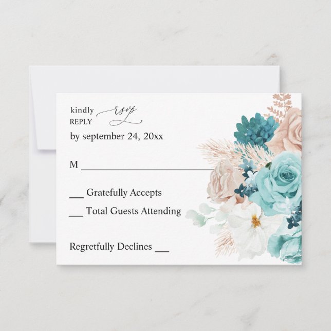 Turquoise & Blush Pink  no Meal RSVP Card (Front)