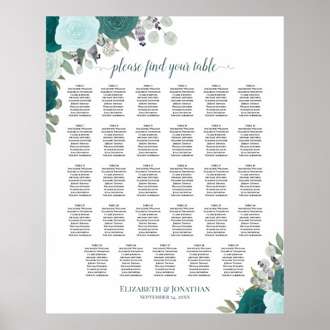 Turquoise Boho Floral 29 Tableau Mariage Siège (Devant)