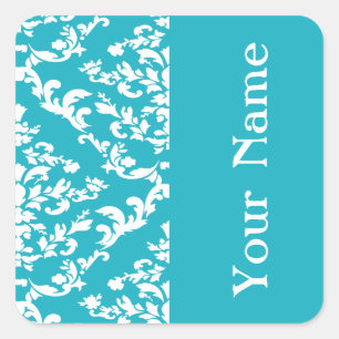 Turquoise Bold Damask at Emporiomoffa with name Square Sticker