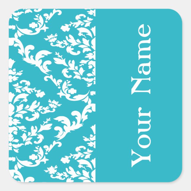 Turquoise Bold Damask at Emporiomoffa with name Square Sticker (Front)