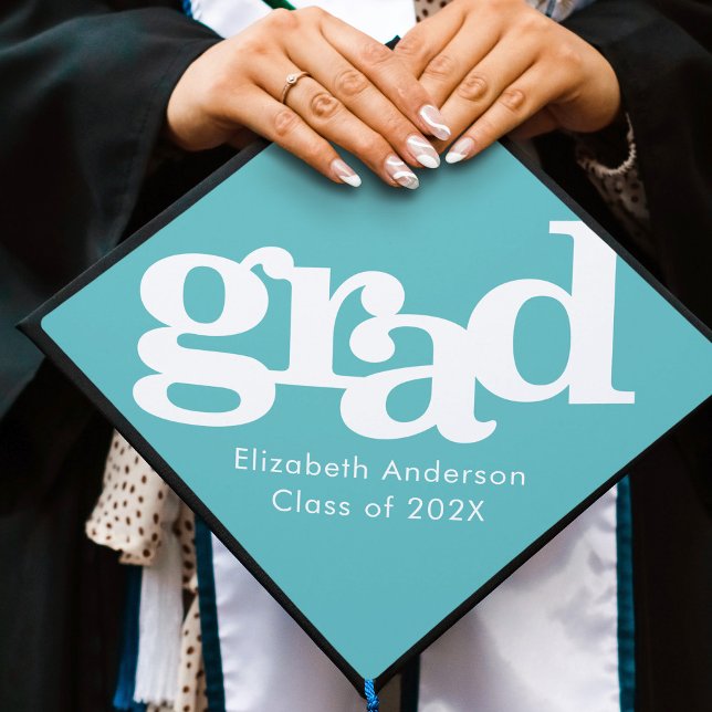 Turquoise bold typography add name minimal modern graduation cap topper (Creator Uploaded)