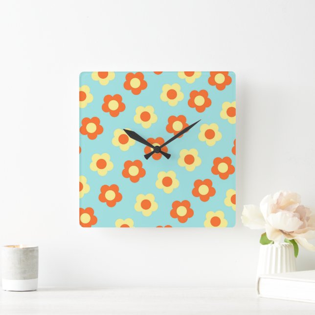 Turquoise Bold Y2K Wildflower Vibrant Home Decor Square Wall Clock (Home)