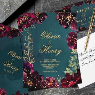 Turquoise Bordeaux Jewel Tones Faire-part de maria