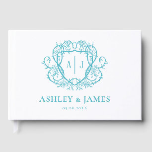 Turquoise Botanical Monogram Crest Wedding Guest Book