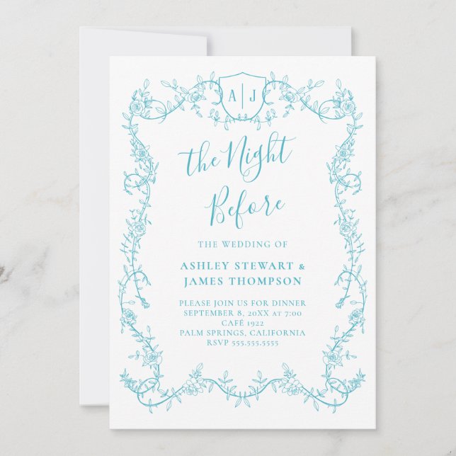 Turquoise Botanical Wedding Rehearsal Dinner Invitation (Front)