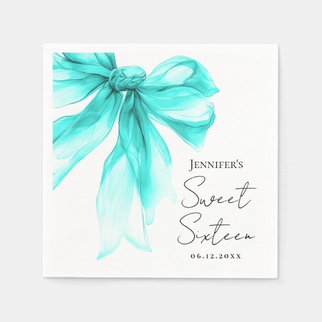 Turquoise Bow Coquette Script Sweet 16 Party  Napkin (Front)