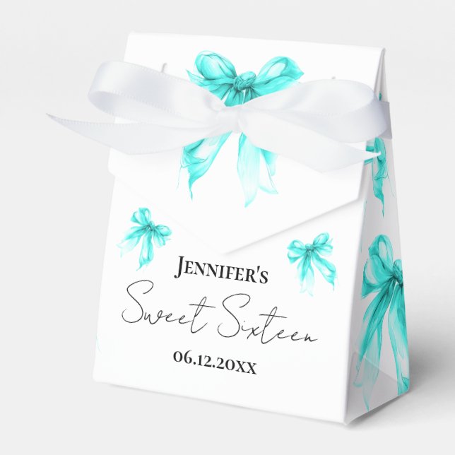 Turquoise Bow Coquette Script Sweet 16 Thank You  Favor Box (Front Side)