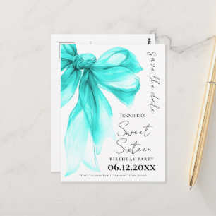 Turquoise Bow Coquette Sweet 16 Save the Date Postcard