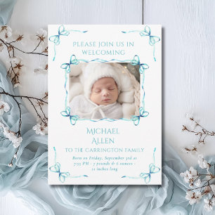 Turquoise Bows Baby Photo Birth Announcement Card