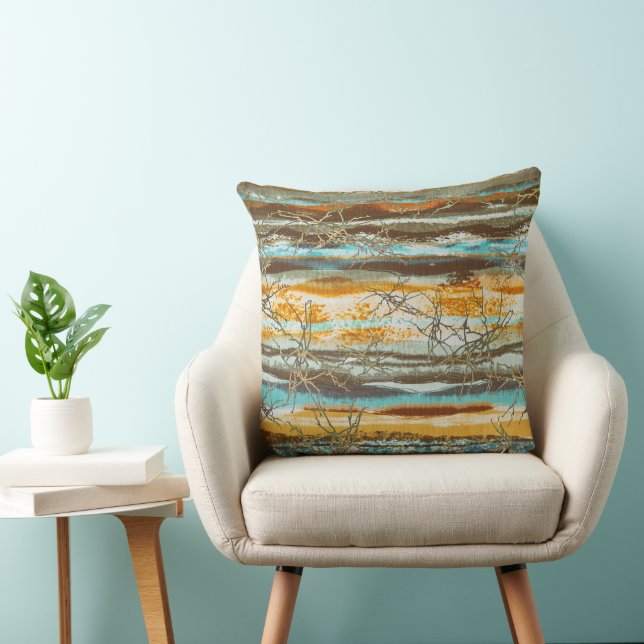 Turquoise Brown Amber Blended Abstract Crackle Throw Pillow (Chair)