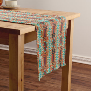 Turquoise Brown Burnt Orange Mosaic Pattern Medium Table Runner