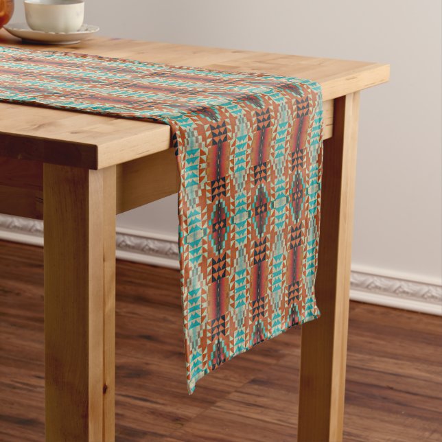 Turquoise Brown Burnt Orange Mosaic Pattern Medium Table Runner (In Situ)