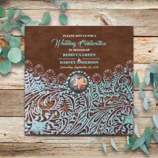 turquoise brown cowboy country western wedding invitation