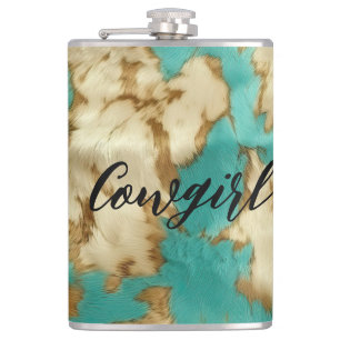 Turquoise Brown Cream Animal Cowhide Western Hip Flask