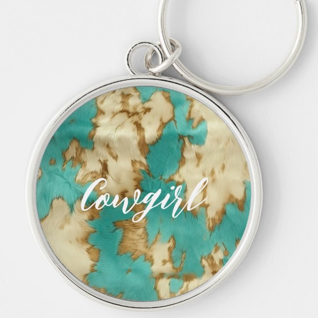 Turquoise Brown Cream Animal Cowhide Western  Keychain (Front)