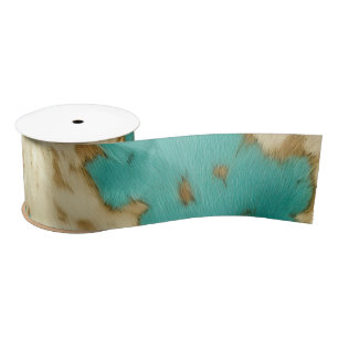 Turquoise Brown Cream Animal Cowhide Western Satin Ribbon