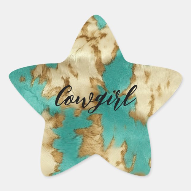 Turquoise Brown Cream Animal Cowhide Western  Star Sticker (Front)