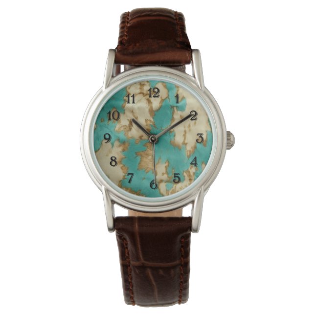 Turquoise Brown Cream Animal Cowhide Western  Watch (Front)