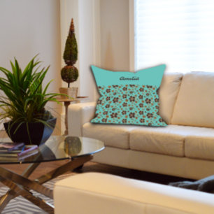 Turquoise Brown Floral Pattern Cottagecore name Throw Pillow