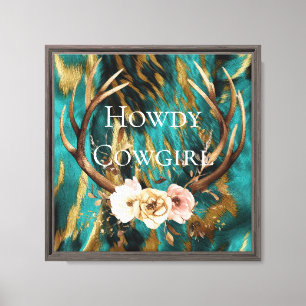 Turquoise Brown Gold Cowhide Deer Antlers Floral Canvas Print