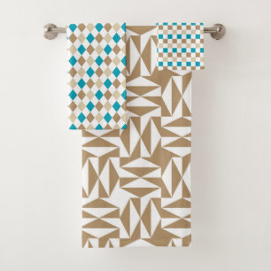 TURQUOISE BROWN & TAN PATTERNS BATH TOWEL SET
