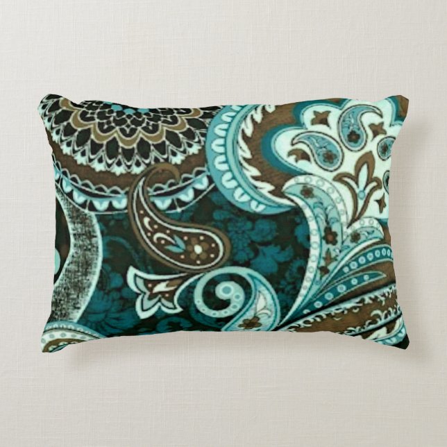Turquoise Brown Vintage Paisley Accent Pillow (Front)