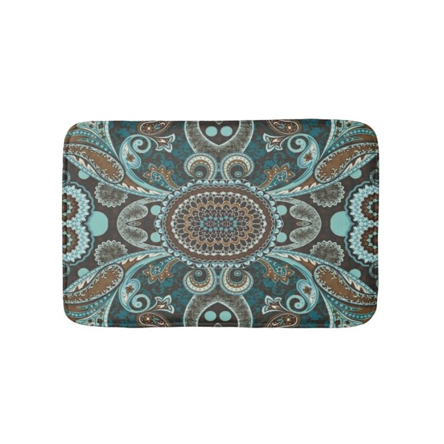 Turquoise Brown Vintage Paisley Full Bath Mat (Front)