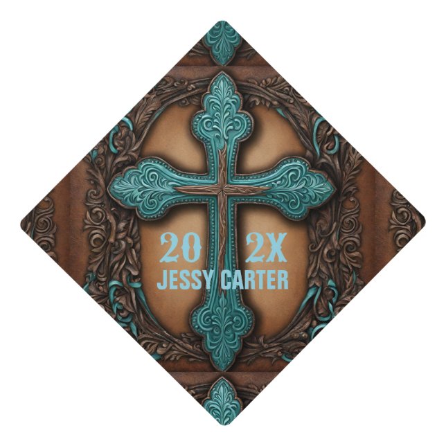 Turquoise Brown Western Christian Religious Cross Graduation Cap Topper (Front)