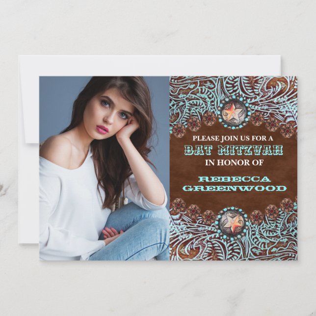 turquoise brown western country BAT MITZVAH Invitation (Front)