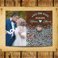 turquoise brown western wedding save the date